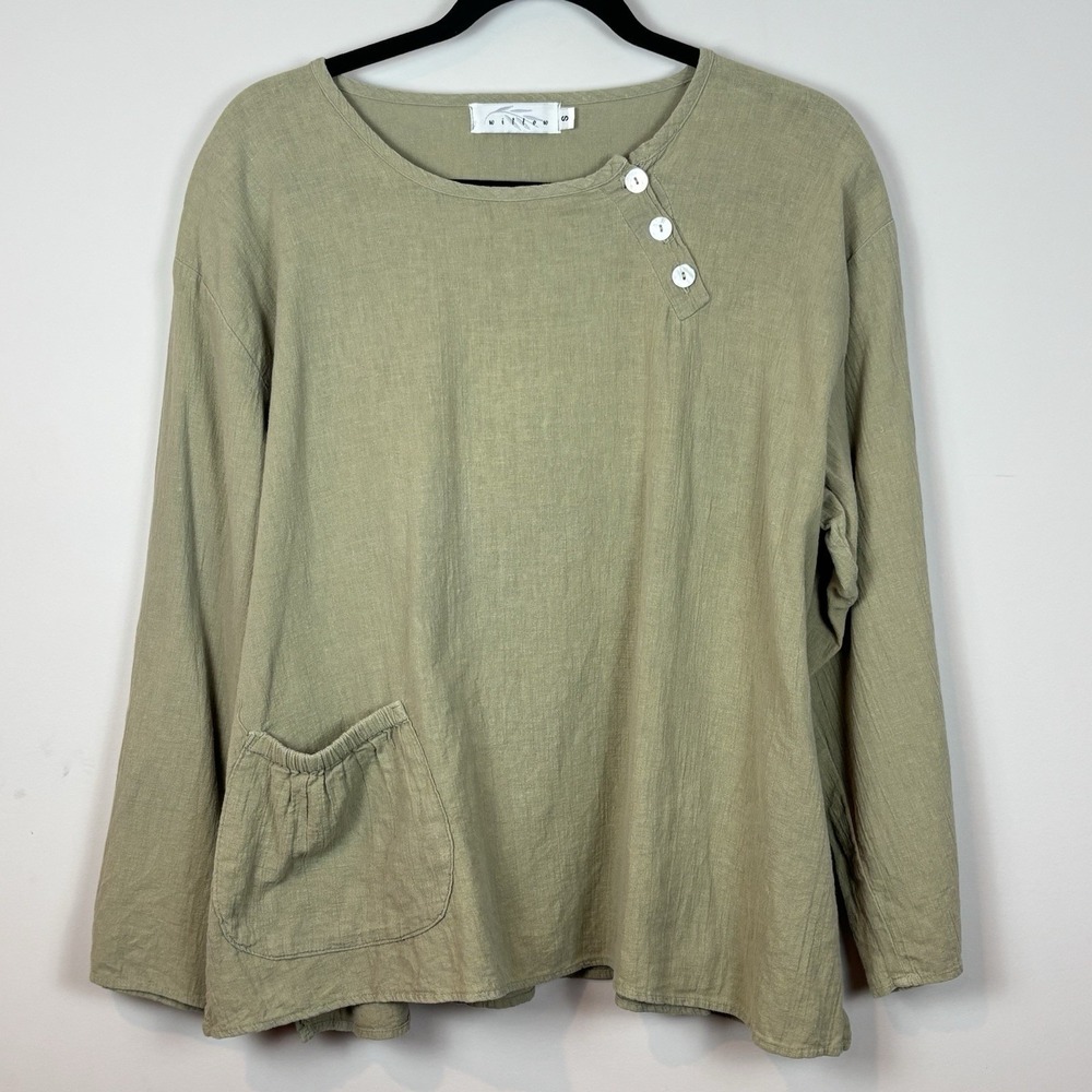 Willow 100% Linen Womens Sage Green Lagenlook Top SM Boho Artsy Relaxed‎ Fit